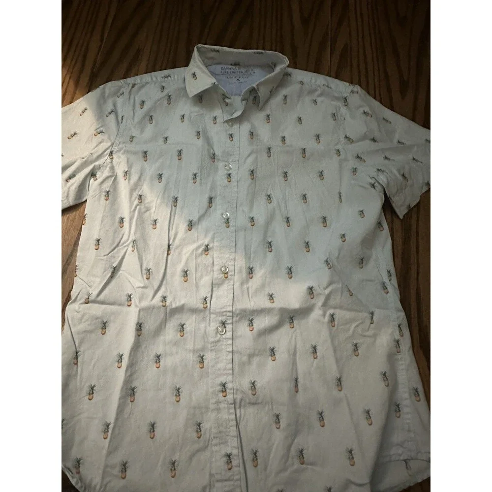 Banana Republic Grant Slim Fit Shirt Pineapple Print White M Short Sleeve
